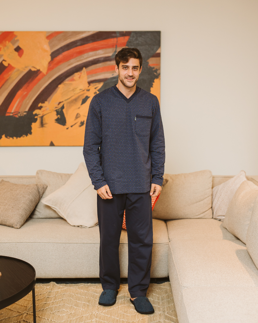 بيجاما رجالى مصبوغ مطبوع  * سادة ، جاكيت مصبوغ مطبوع كم طويل مع رقبة