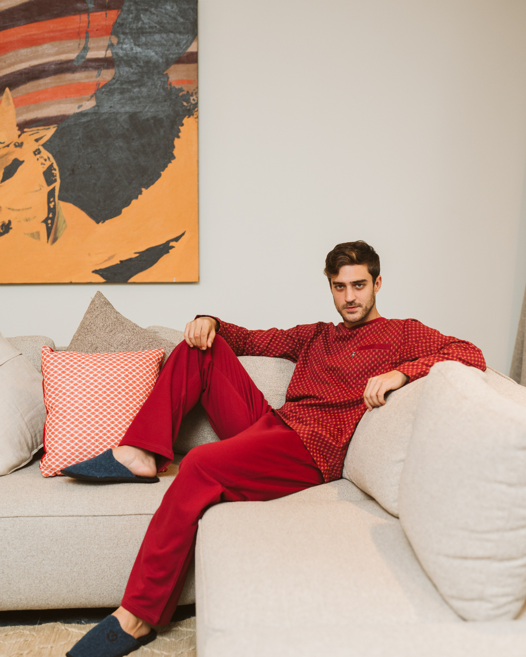 بيجاما رجالى مصبوغ مطبوع  * سادة ، جاكيت مصبوغ مطبوع كم طويل مع رقبة