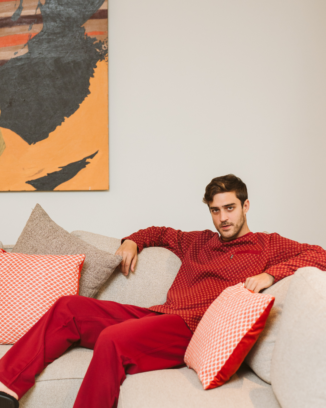 بيجاما رجالى مصبوغ مطبوع  * سادة ، جاكيت مصبوغ مطبوع كم طويل مع رقبة