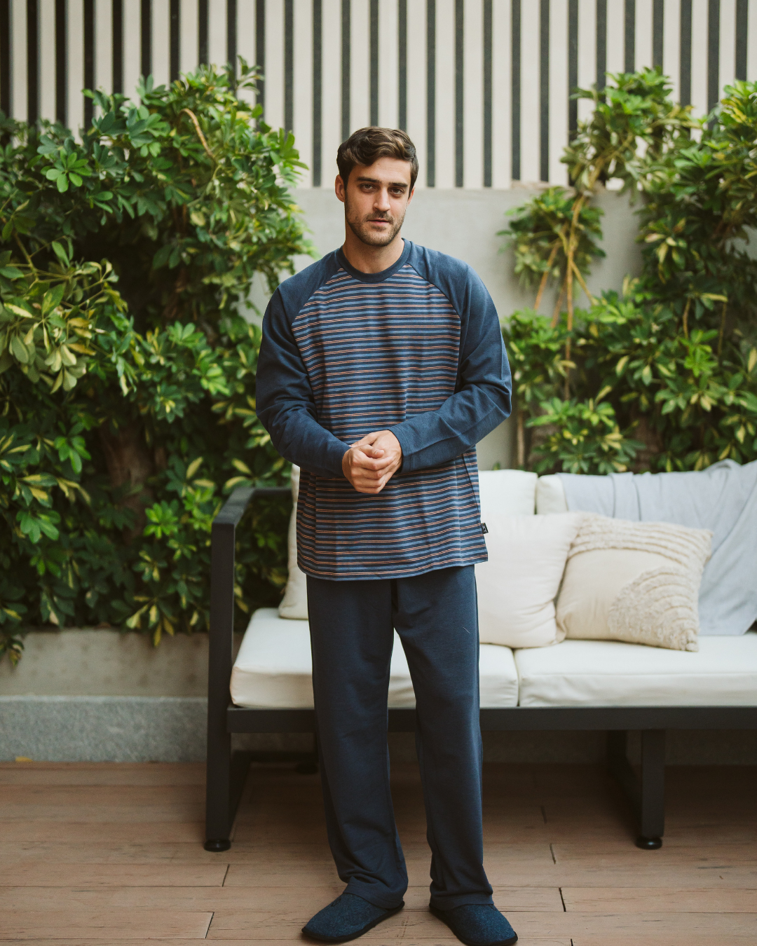 Men's plain wide striped pajamas*, casual striped long sleeve raglan jacket