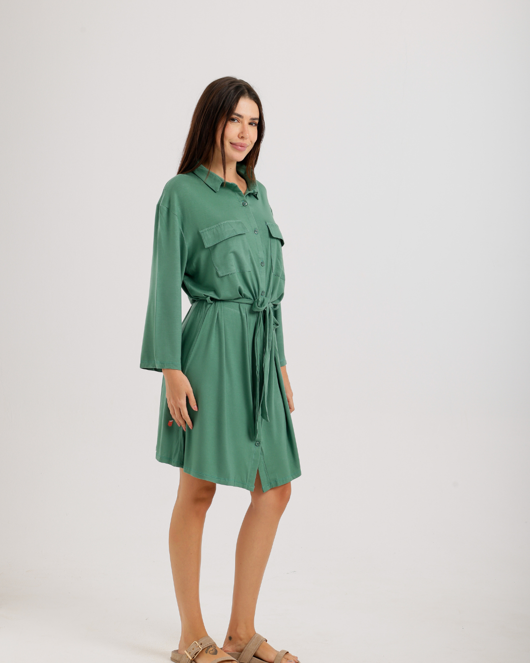 Women's Short Sleeve Shirt with Buttons, Chest Pockets, and Waist Tie