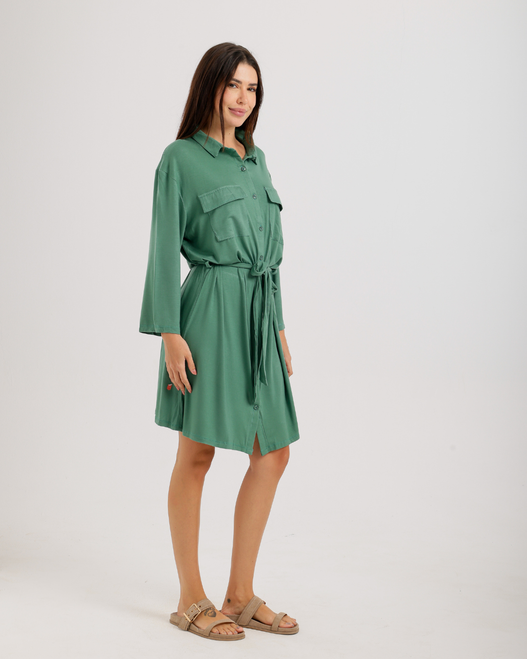 Women's Short Sleeve Shirt with Buttons, Chest Pockets, and Waist Tie
