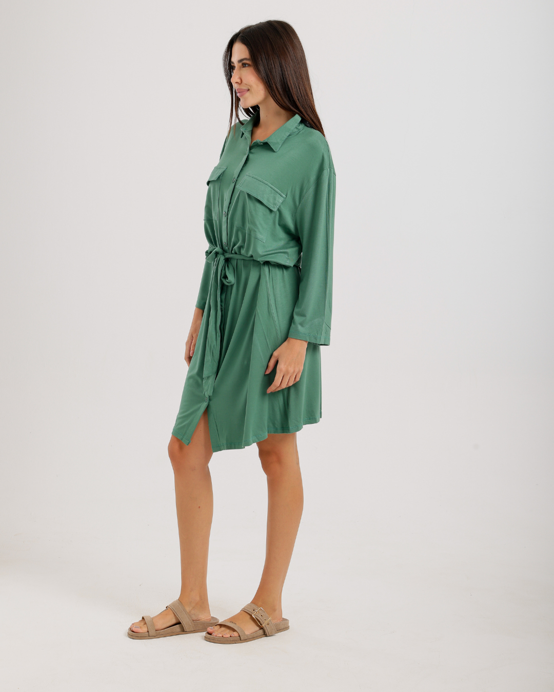 Women's Short Sleeve Shirt with Buttons, Chest Pockets, and Waist Tie