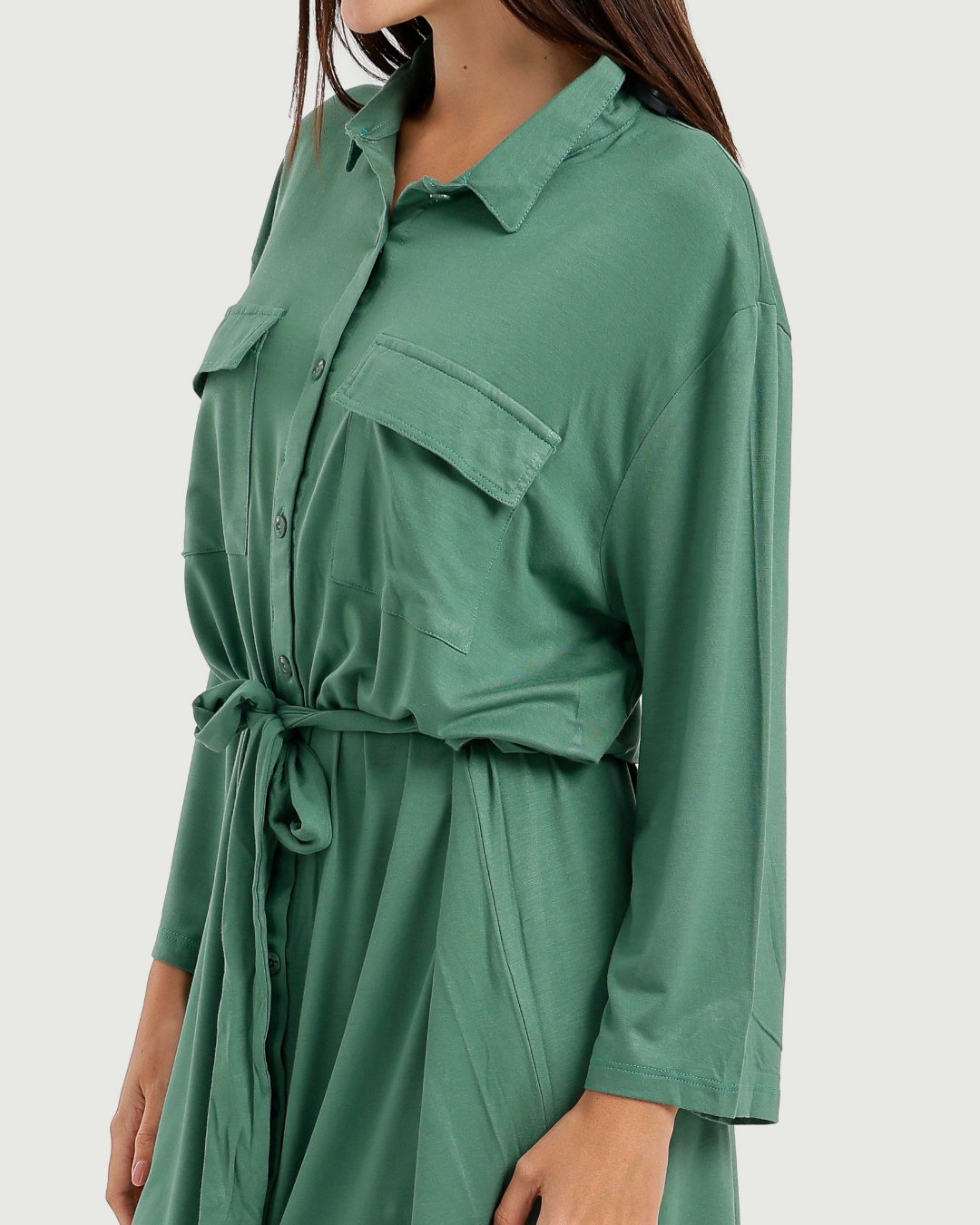 Women's Short Sleeve Shirt with Buttons, Chest Pockets, and Waist Tie