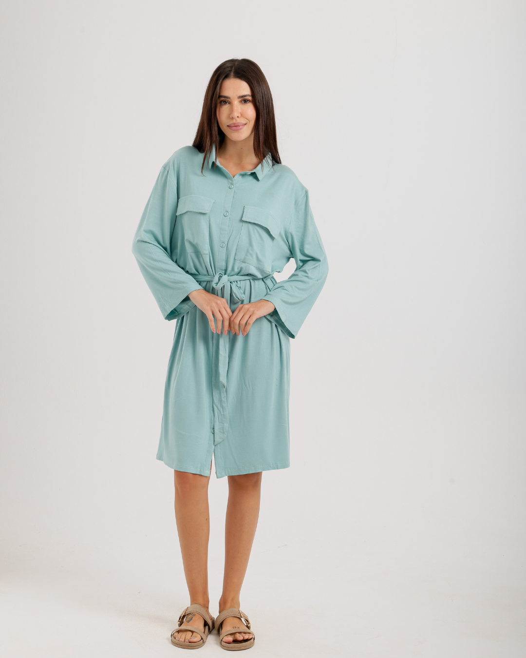 Women's Short Sleeve Shirt with Buttons, Chest Pockets, and Waist Tie