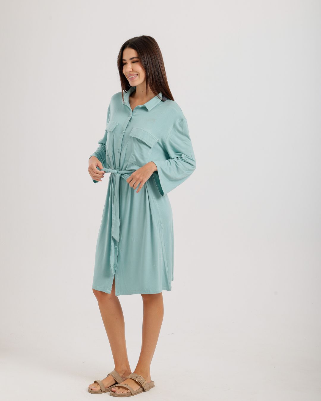 Women's Short Sleeve Shirt with Buttons, Chest Pockets, and Waist Tie