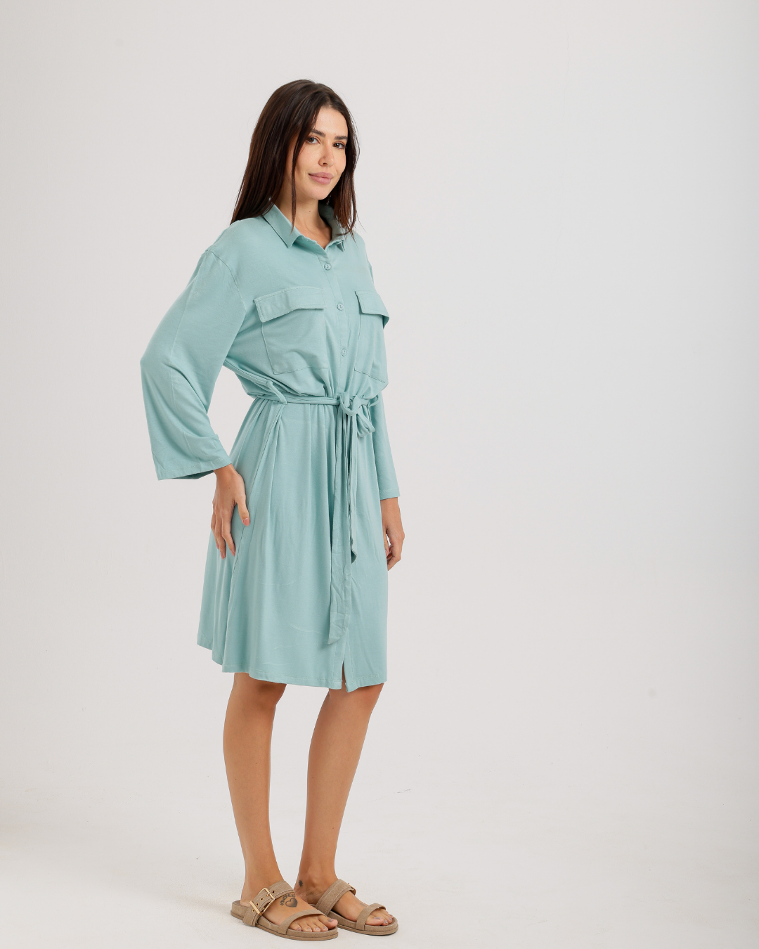 Women's Short Sleeve Shirt with Buttons, Chest Pockets, and Waist Tie