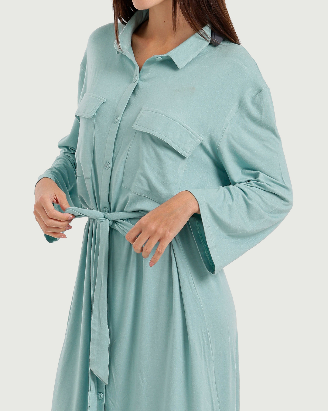 Women's Short Sleeve Shirt with Buttons, Chest Pockets, and Waist Tie