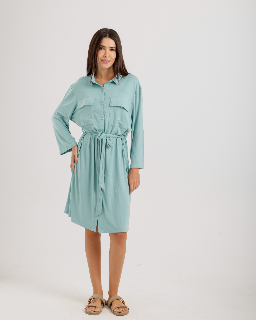 Women's Short Sleeve Shirt with Buttons, Chest Pockets, and Waist Tie