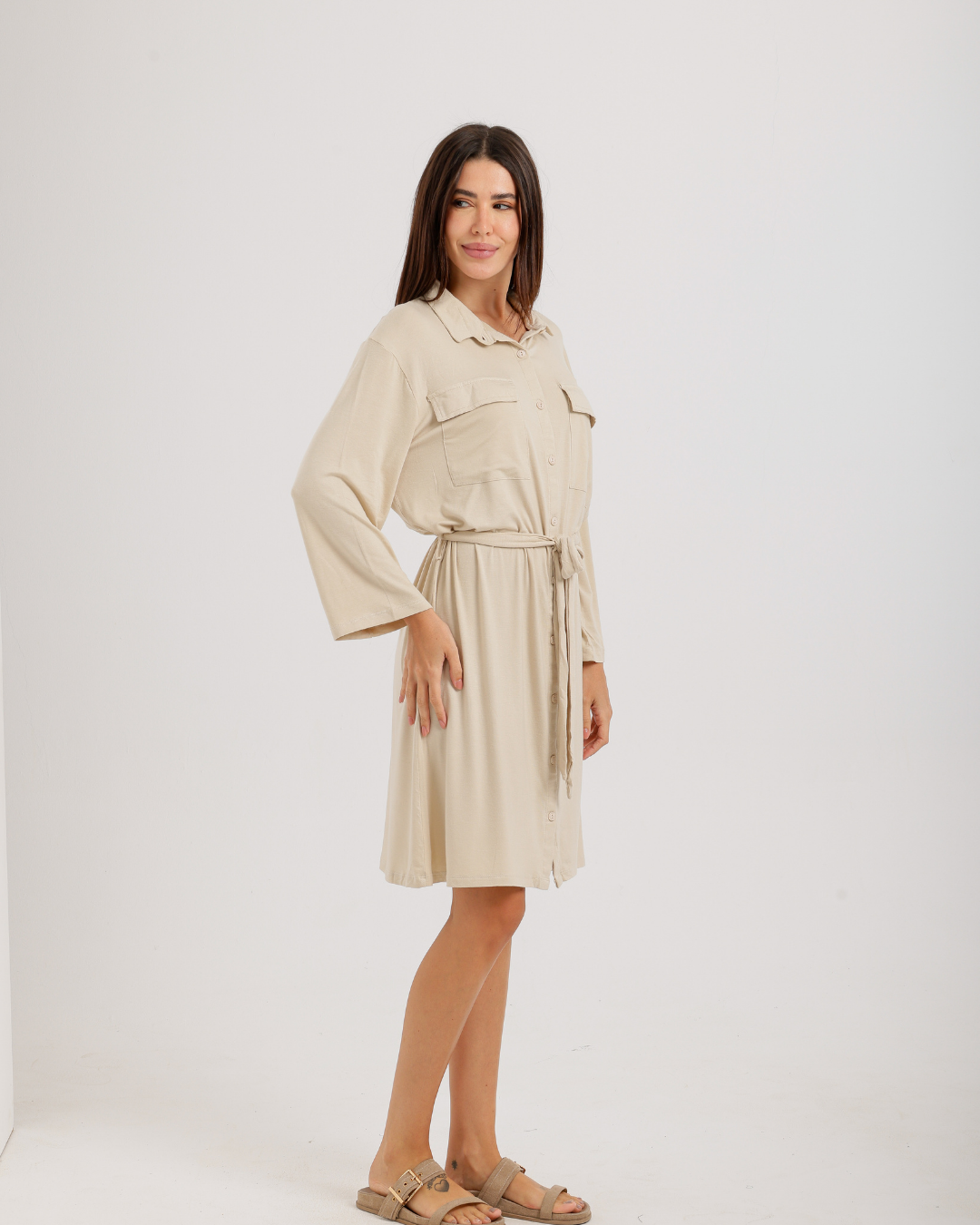 Women's Short Sleeve Shirt with Buttons, Chest Pockets, and Waist Tie