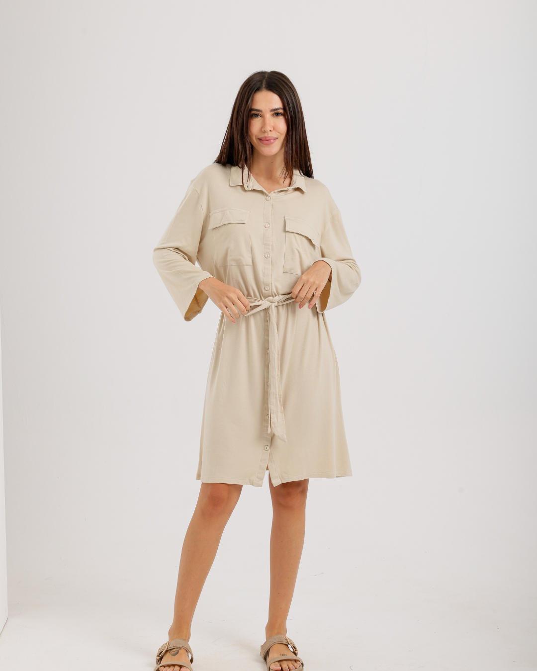 Women's Short Sleeve Shirt with Buttons, Chest Pockets, and Waist Tie
