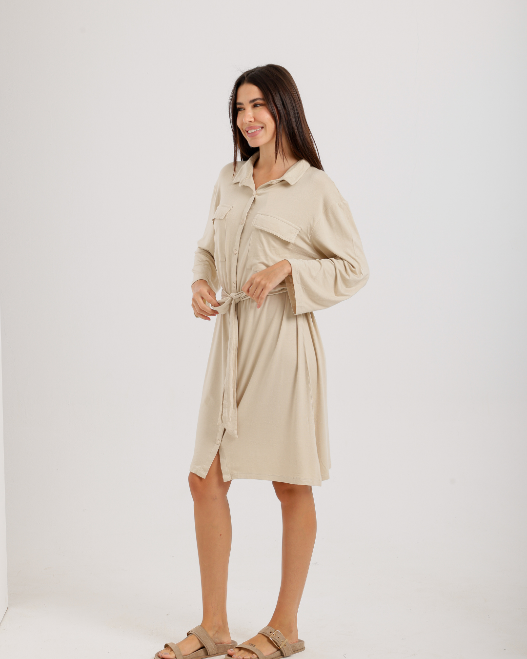 Women's Short Sleeve Shirt with Buttons, Chest Pockets, and Waist Tie