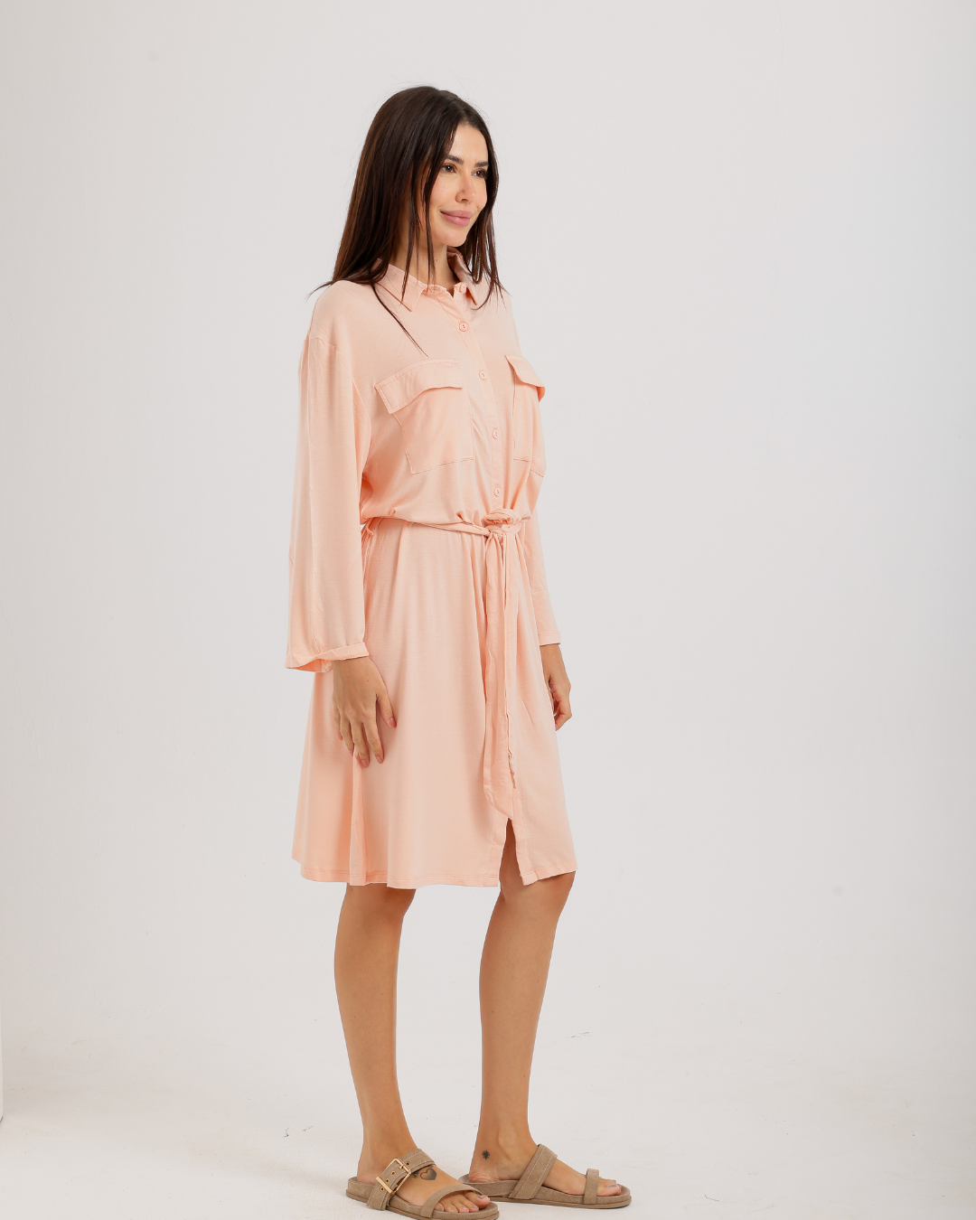 Women's Short Sleeve Shirt with Buttons, Chest Pockets, and Waist Tie