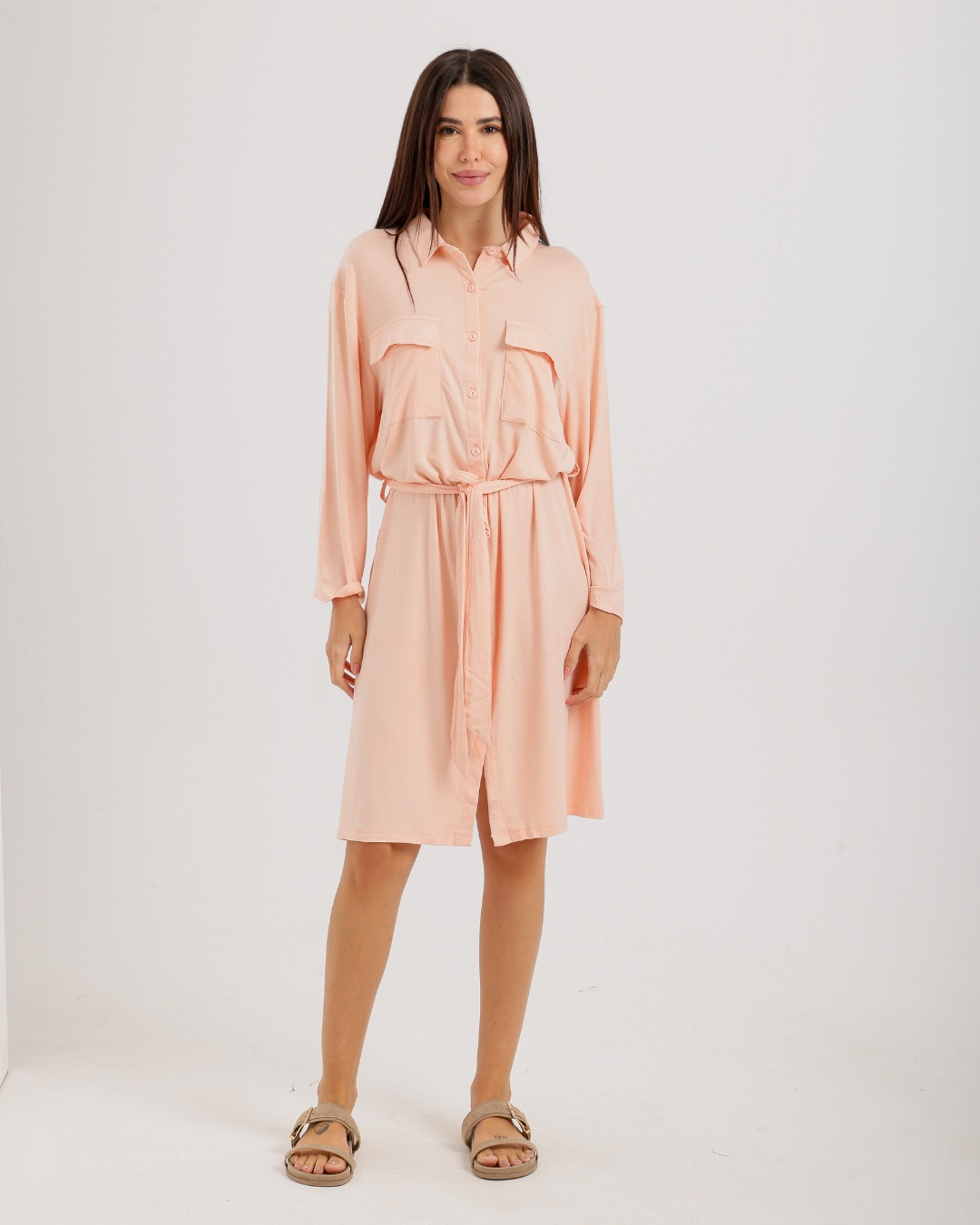 Women's Short Sleeve Shirt with Buttons, Chest Pockets, and Waist Tie