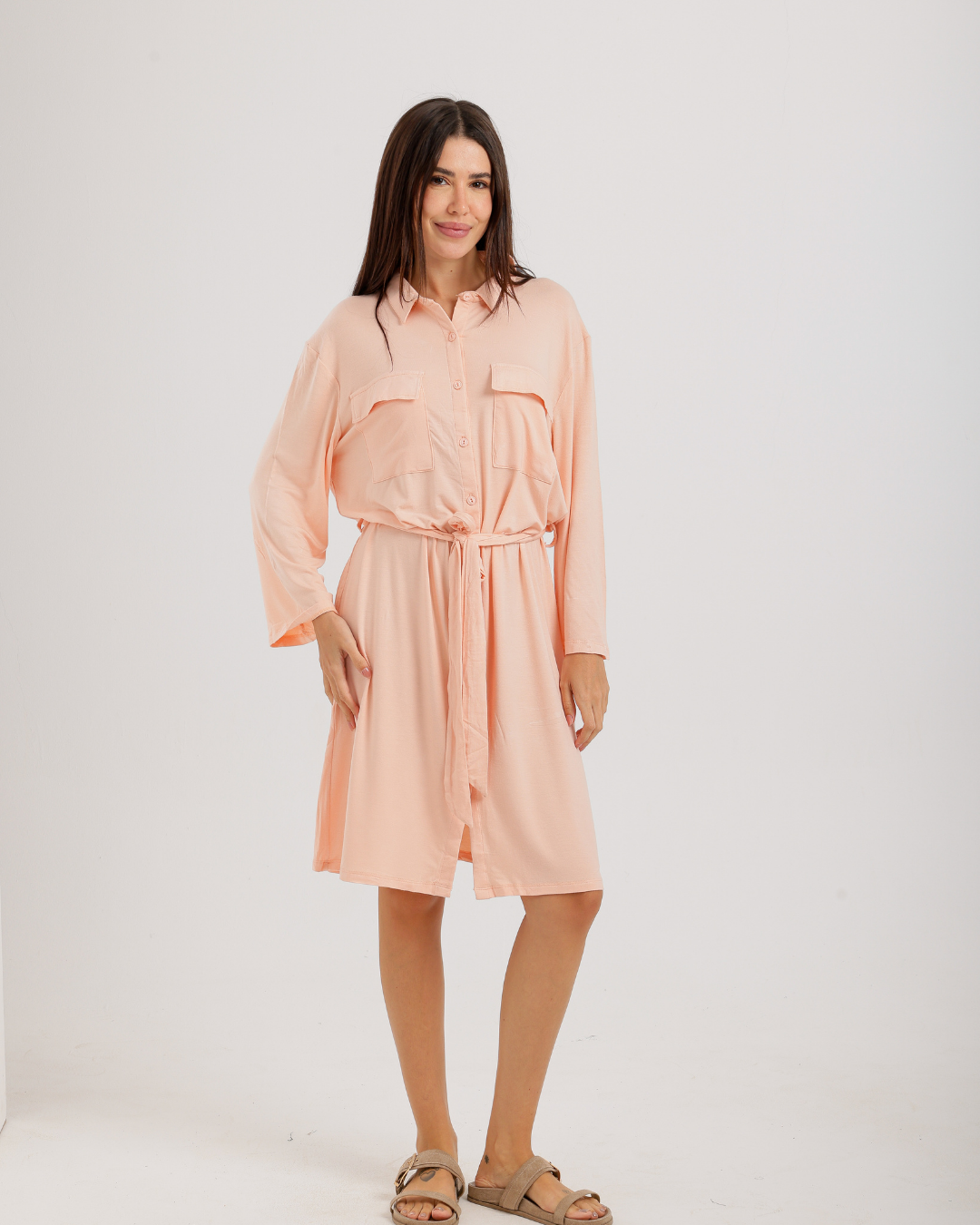 Women's Short Sleeve Shirt with Buttons, Chest Pockets, and Waist Tie