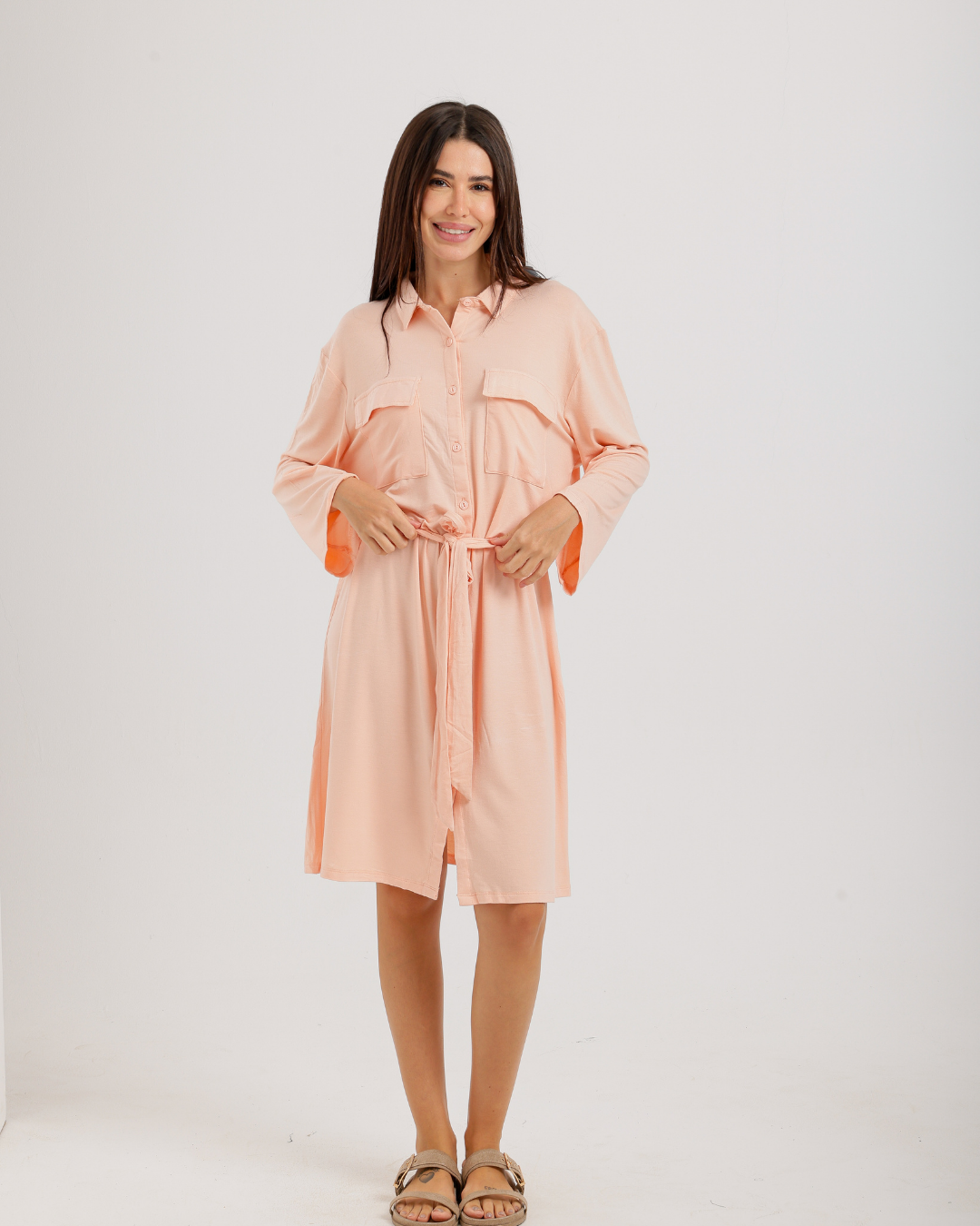 Women's Short Sleeve Shirt with Buttons, Chest Pockets, and Waist Tie