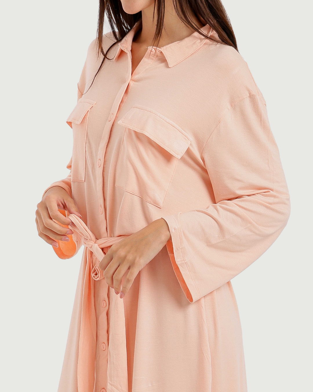 Women's Short Sleeve Shirt with Buttons, Chest Pockets, and Waist Tie
