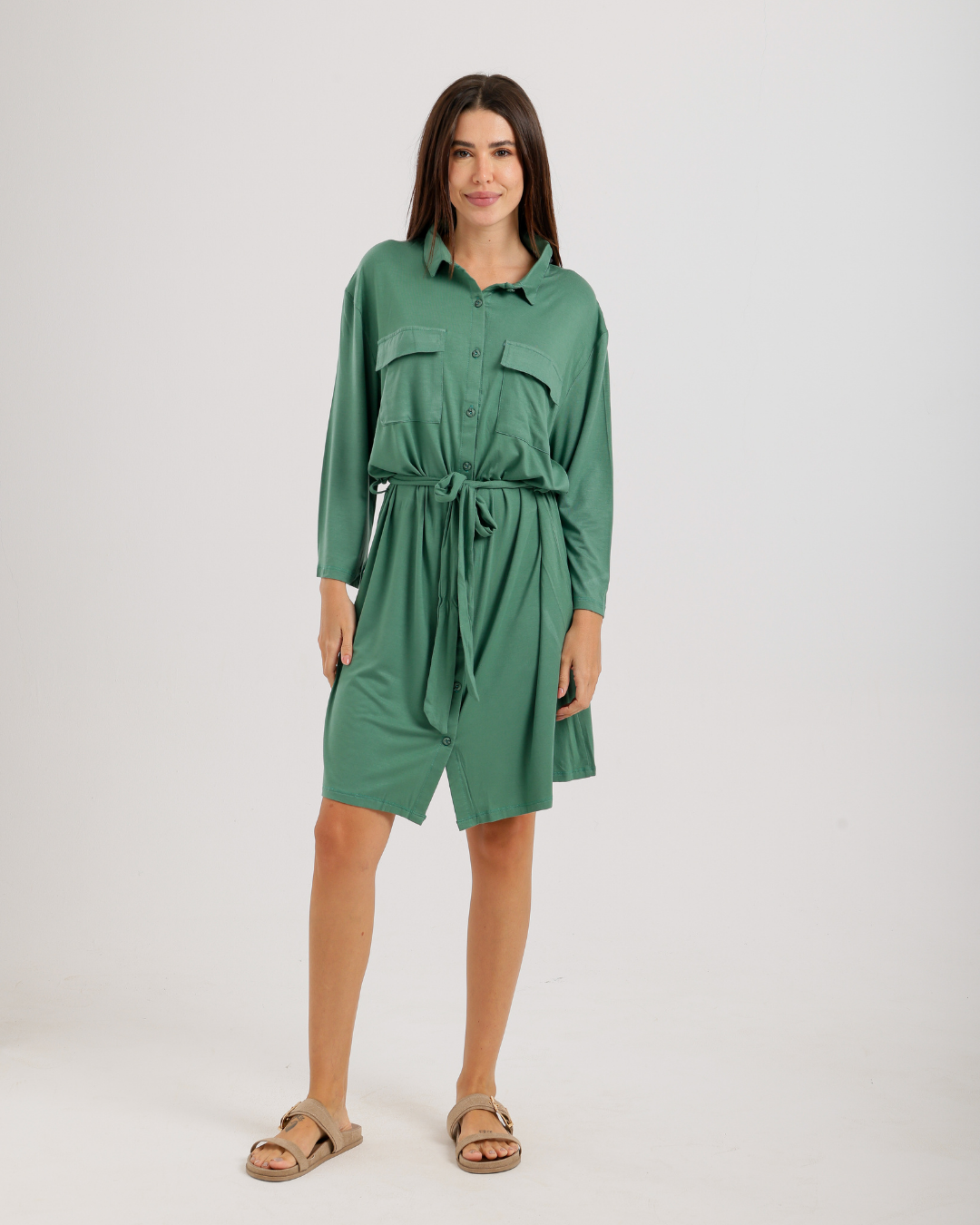 Women's Short Sleeve Shirt with Buttons, Chest Pockets, and Waist Tie