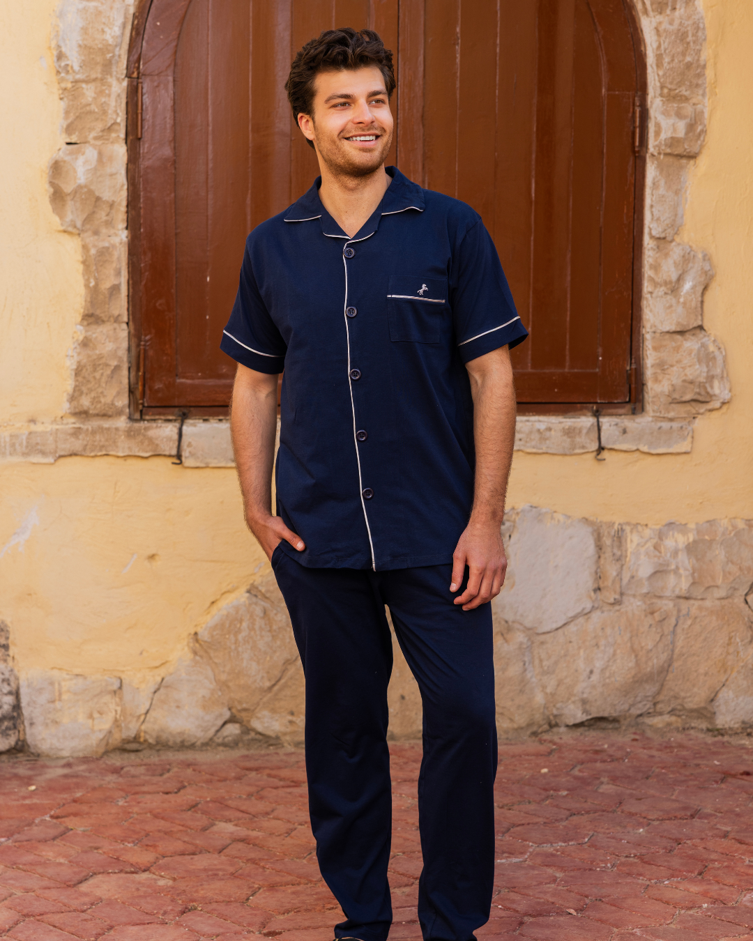 بيجاما رجالي نص كم كلاسيك مفتوحة تطريز حصان