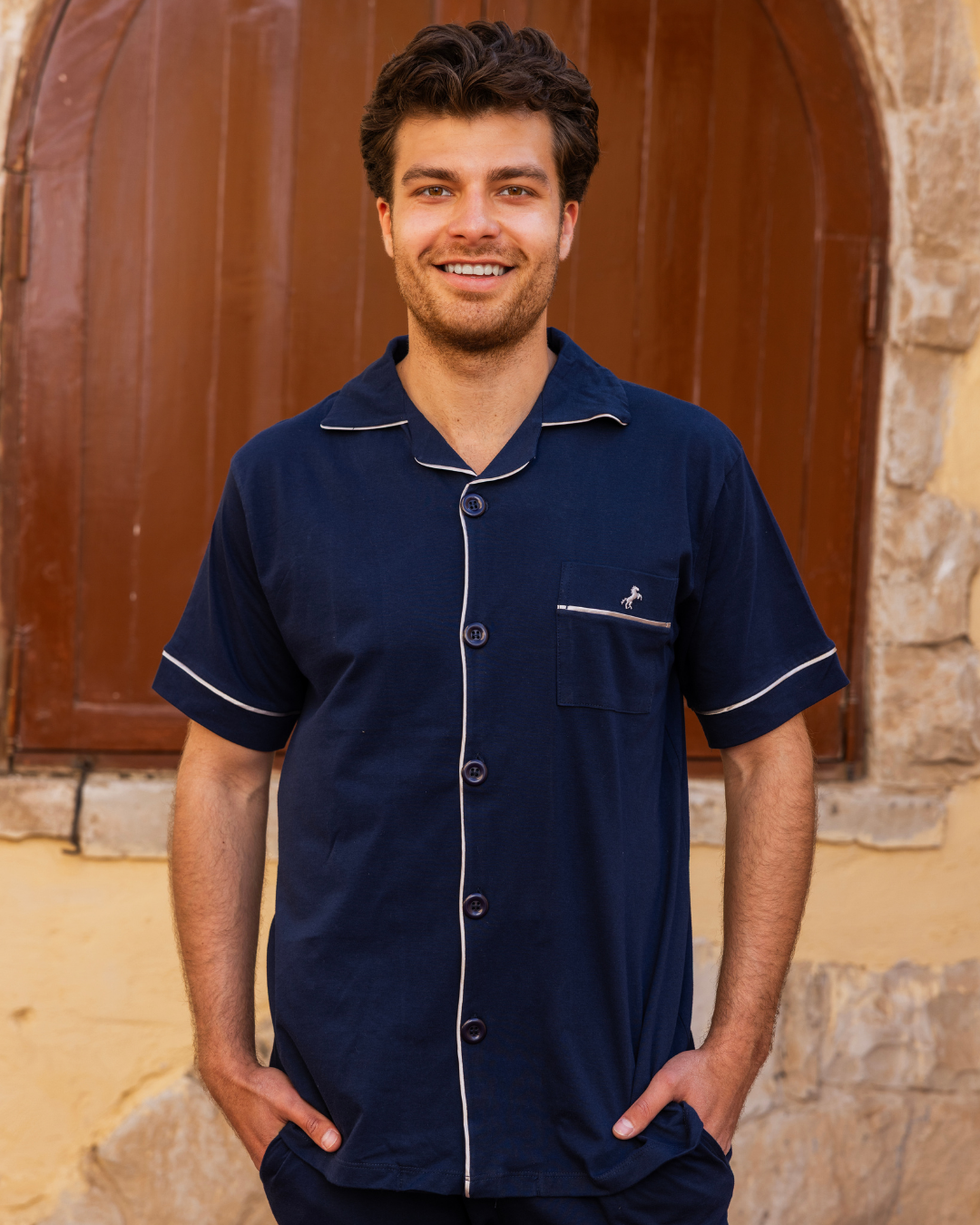 بيجاما رجالي نص كم كلاسيك مفتوحة تطريز حصان