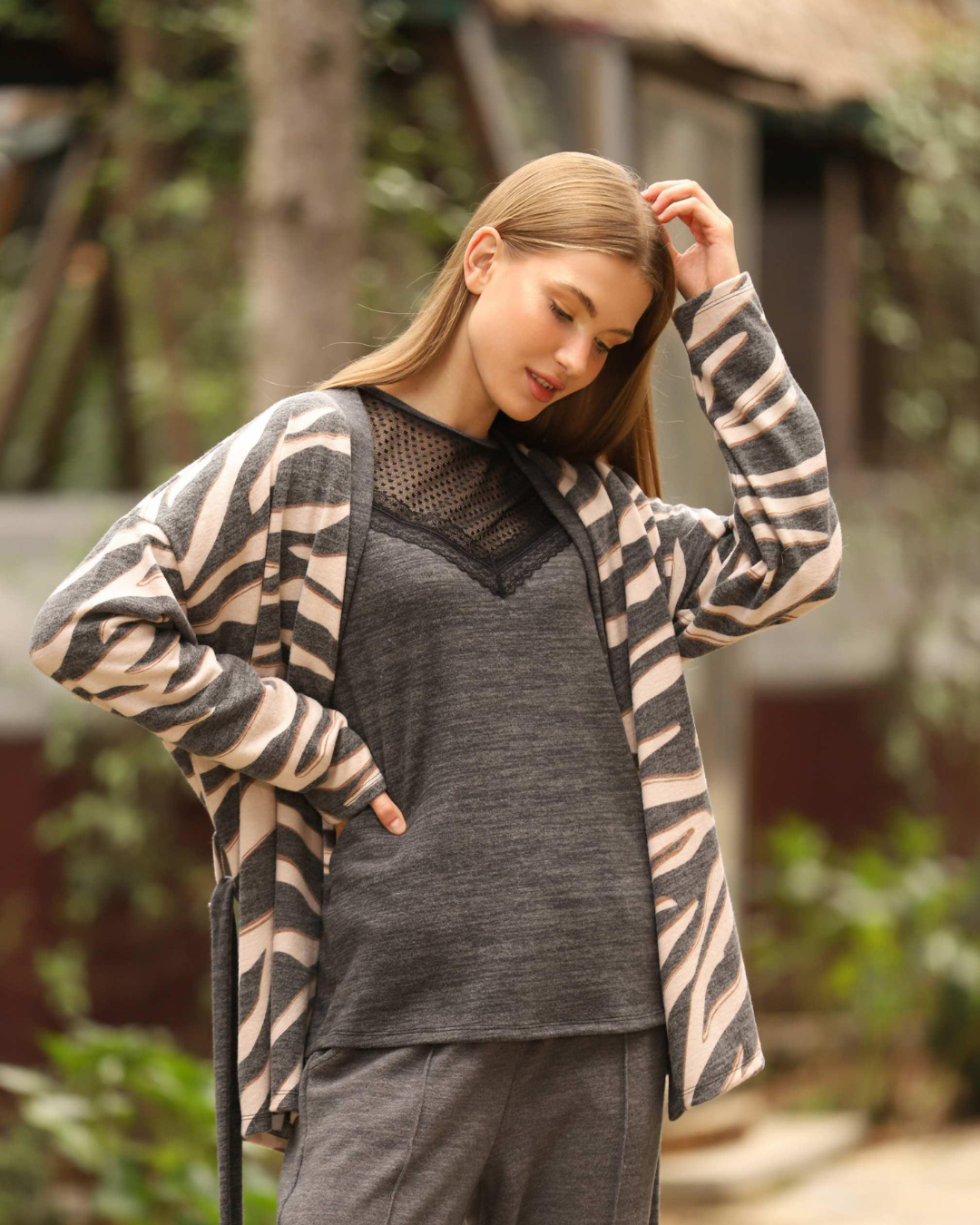Women's pajamas with a lace robe on the chest