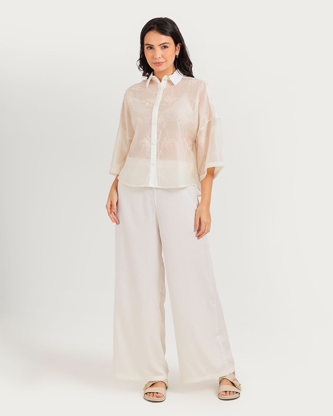 Women's pajamas with embroidered satin pants sleeves and chiffon
