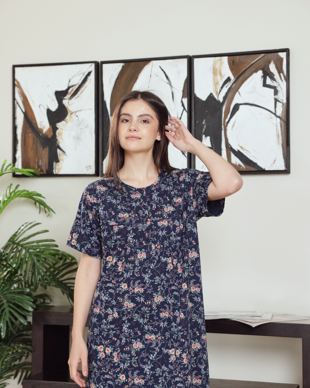 نايت شيرت حريمي نص كم راوند مشجر