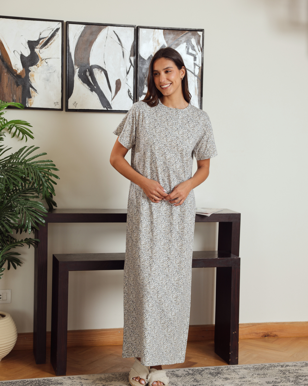 Women's Round Neck Half Sleeve Printed Night Shirt