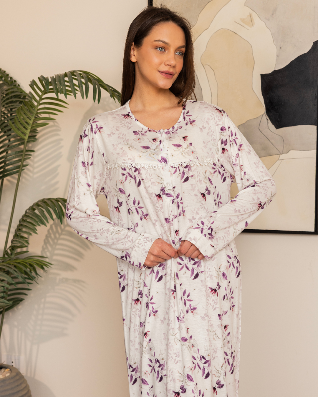 نايت شيرت حريمي بكم مطبوع فروع شجر