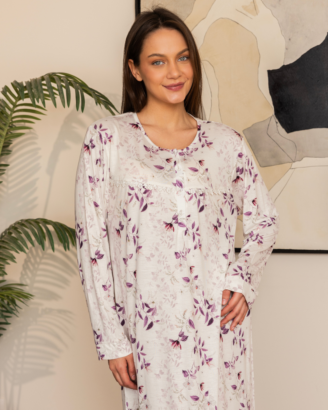 نايت شيرت حريمي بكم مطبوع فروع شجر