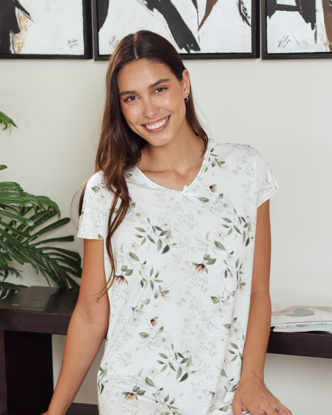 نايت شيرت حريمي نص كم قصير مطبوع فروع شجر