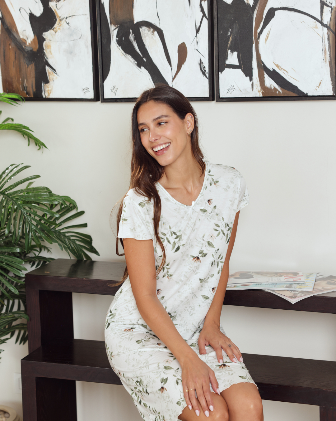 نايت شيرت حريمي نص كم قصير مطبوع فروع شجر