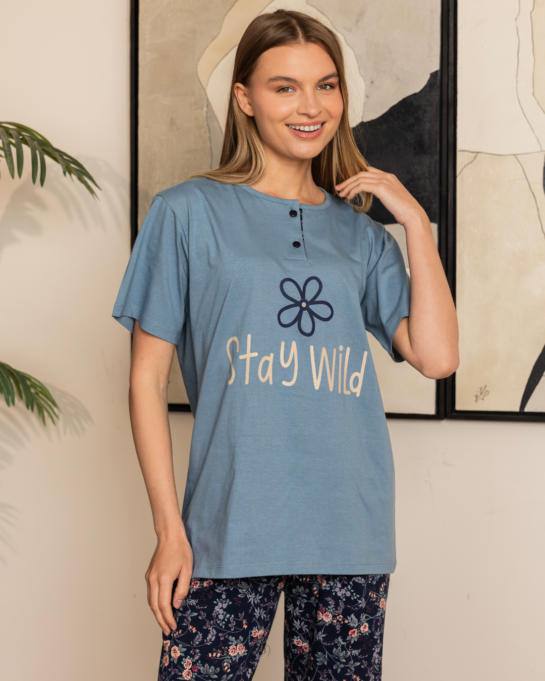 بيجاما حريمي نص كم بنطلون مشجر