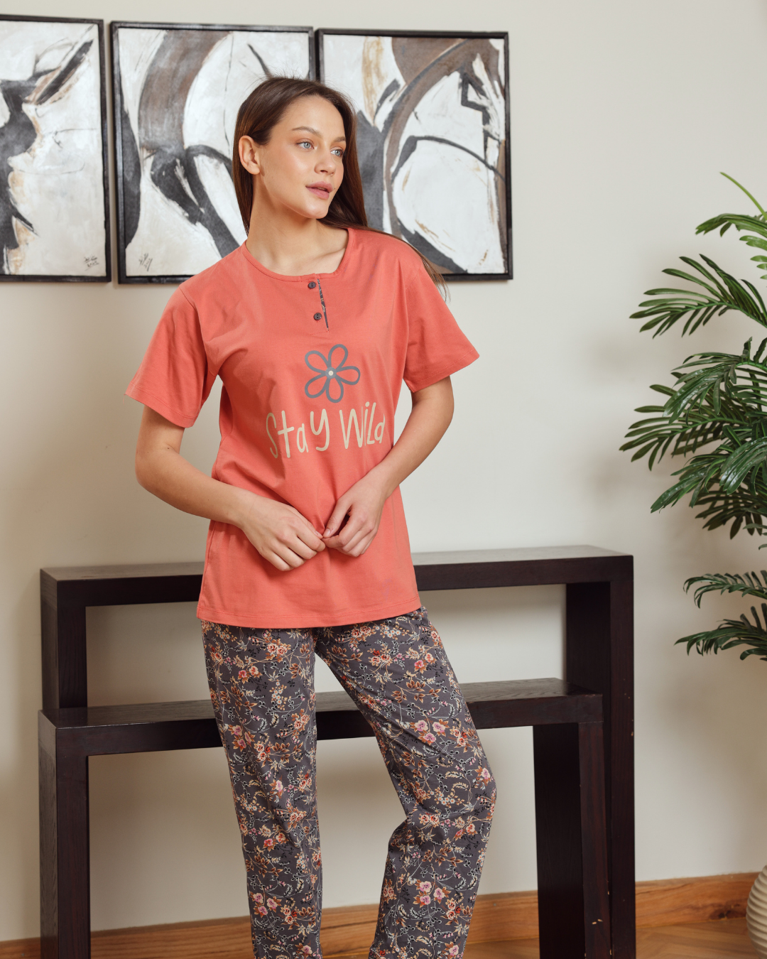 بيجاما حريمي نص كم بنطلون مشجر