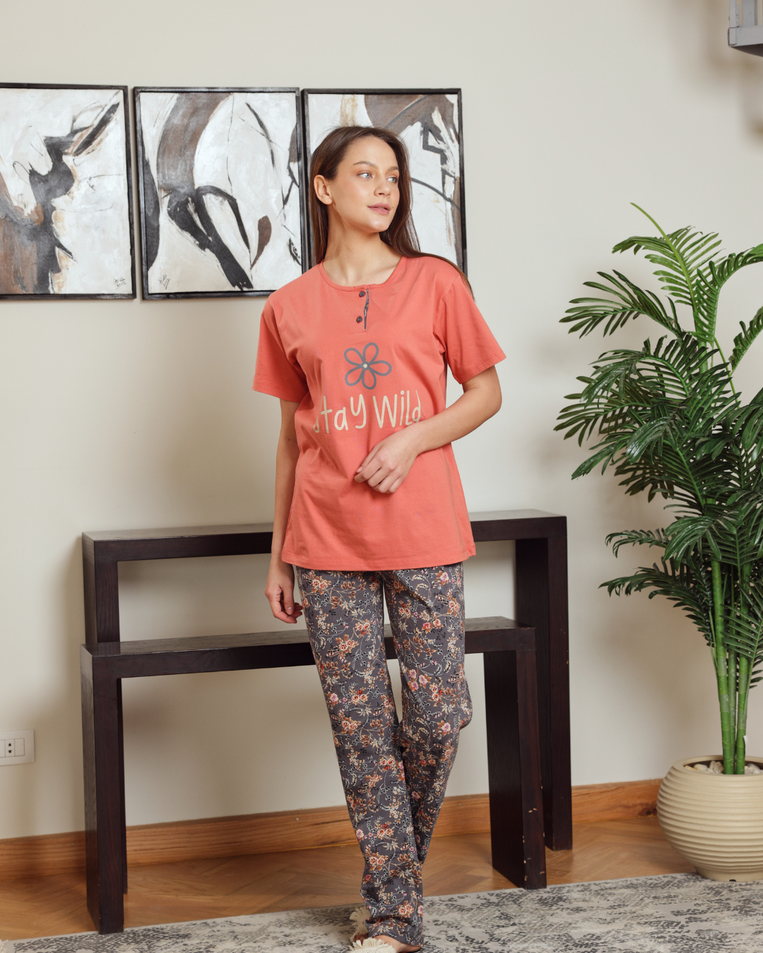 بيجاما حريمي نص كم بنطلون مشجر