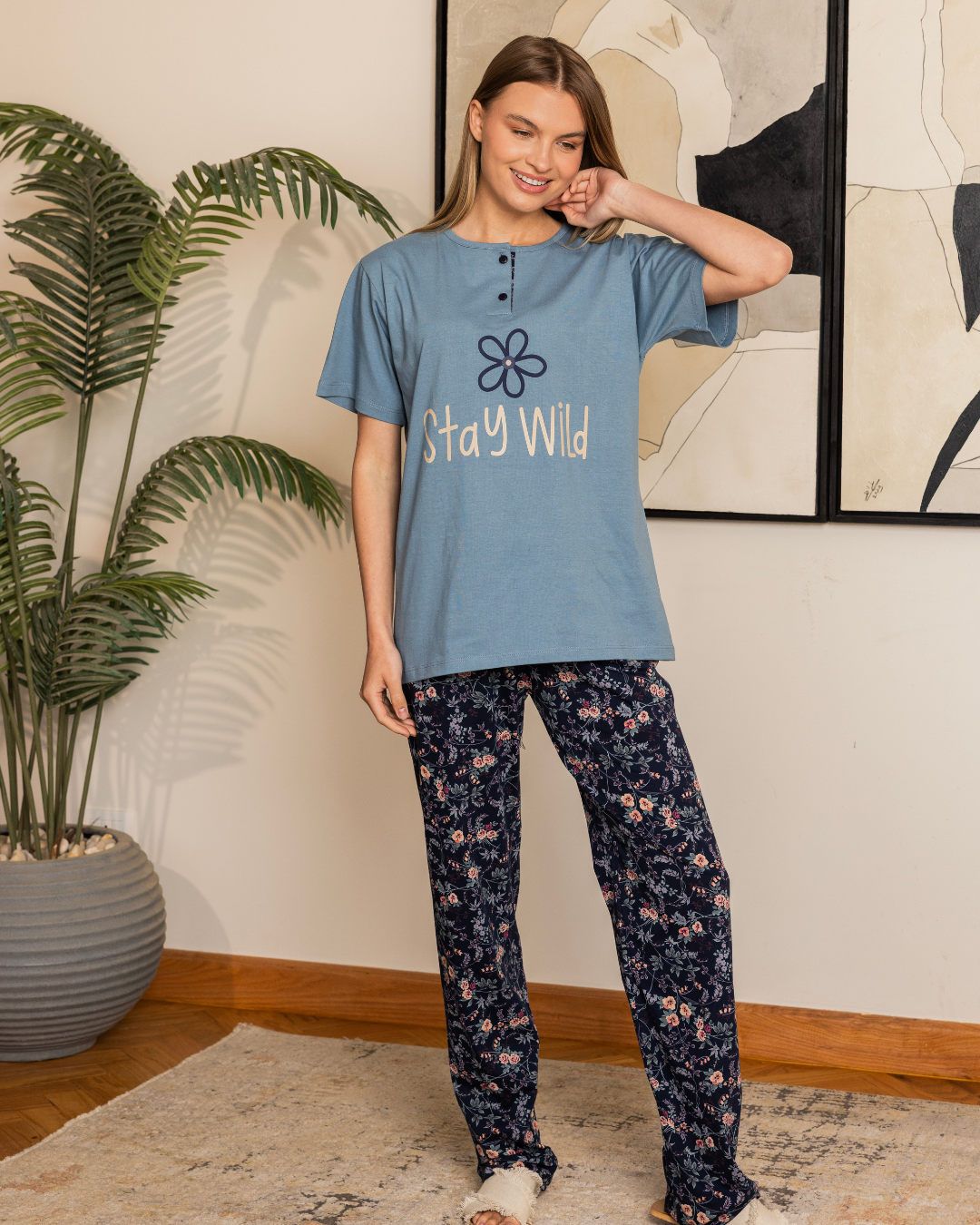 بيجاما حريمي نص كم بنطلون مشجر