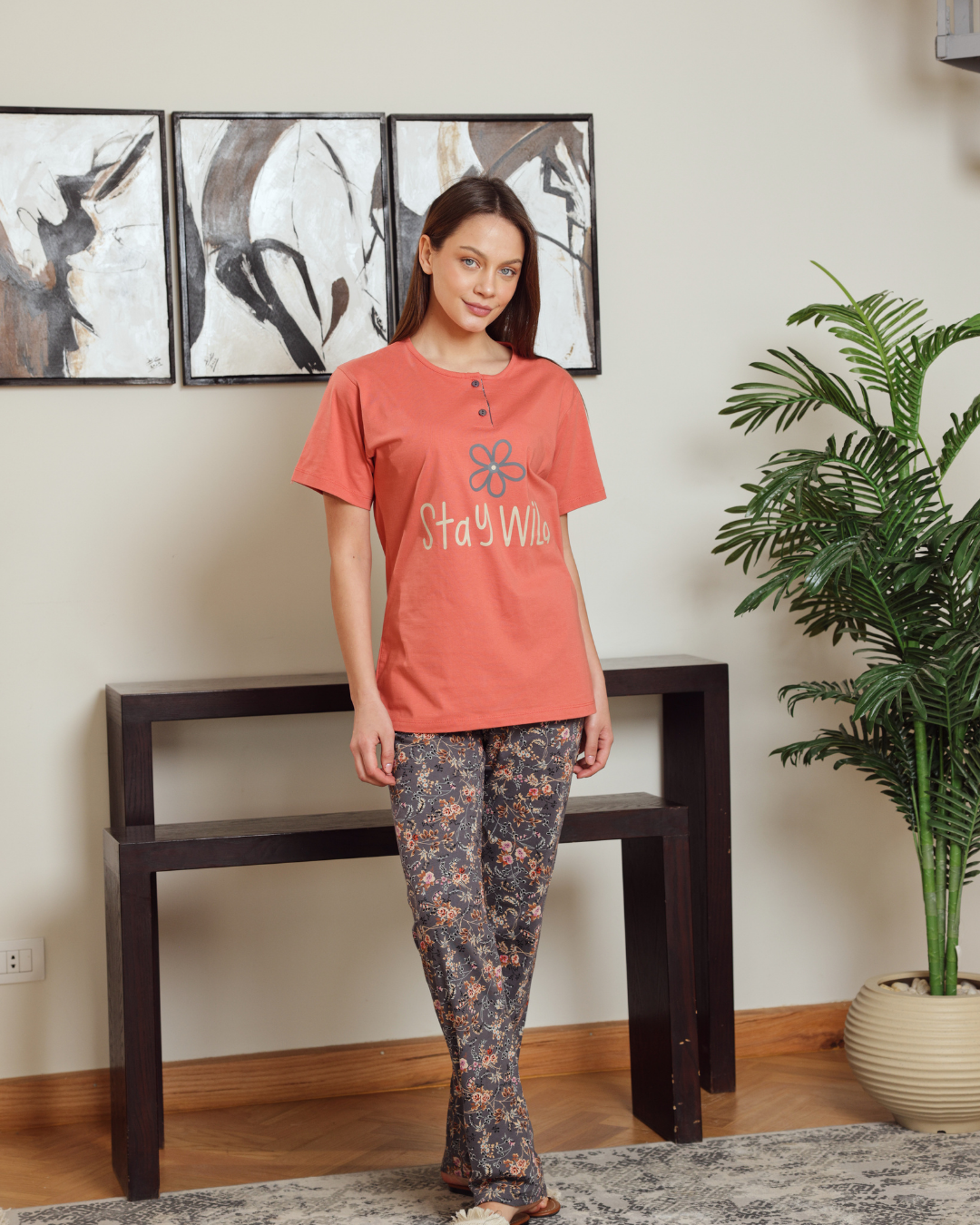 بيجاما حريمي نص كم بنطلون مشجر