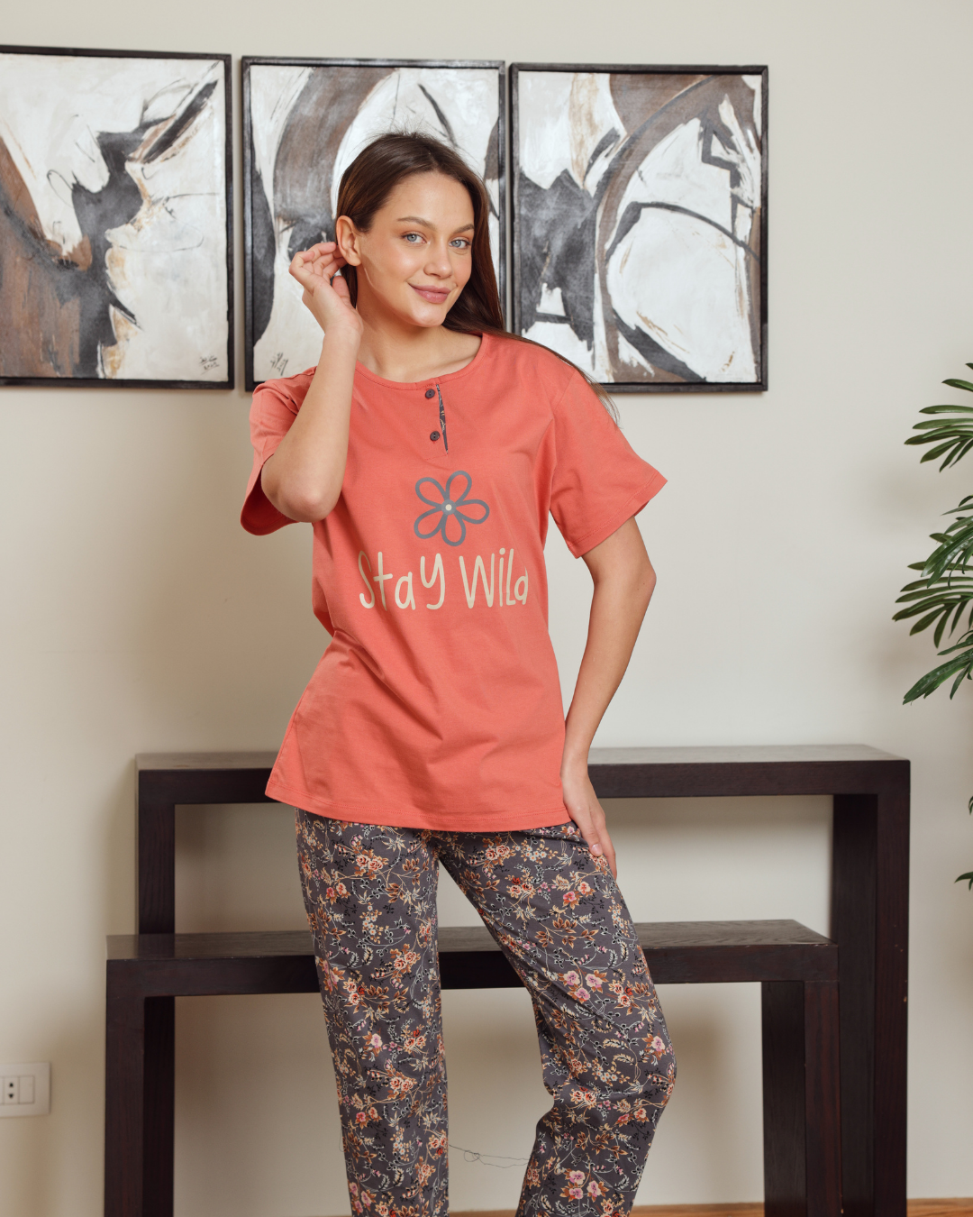 بيجاما حريمي نص كم بنطلون مشجر