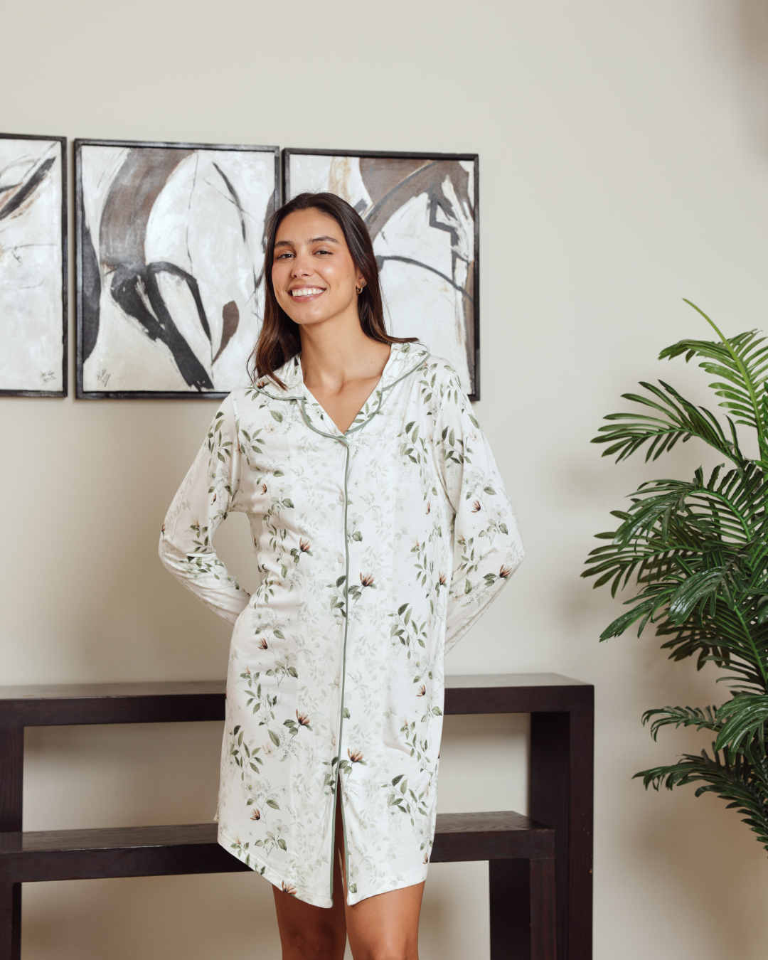 نايت شيرت حريمي كلاسيك بكم مطبوع فروع شجر