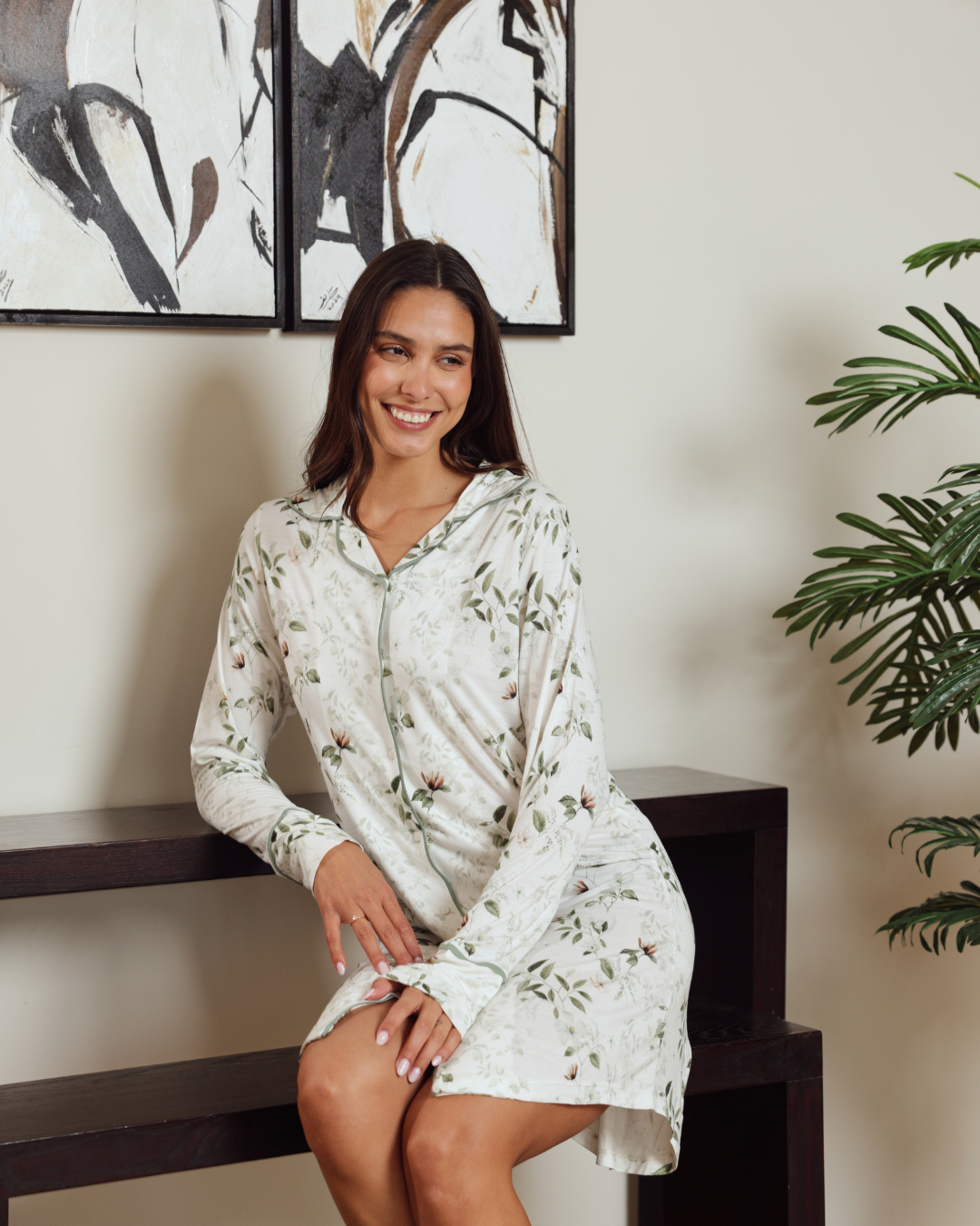 نايت شيرت حريمي كلاسيك بكم مطبوع فروع شجر