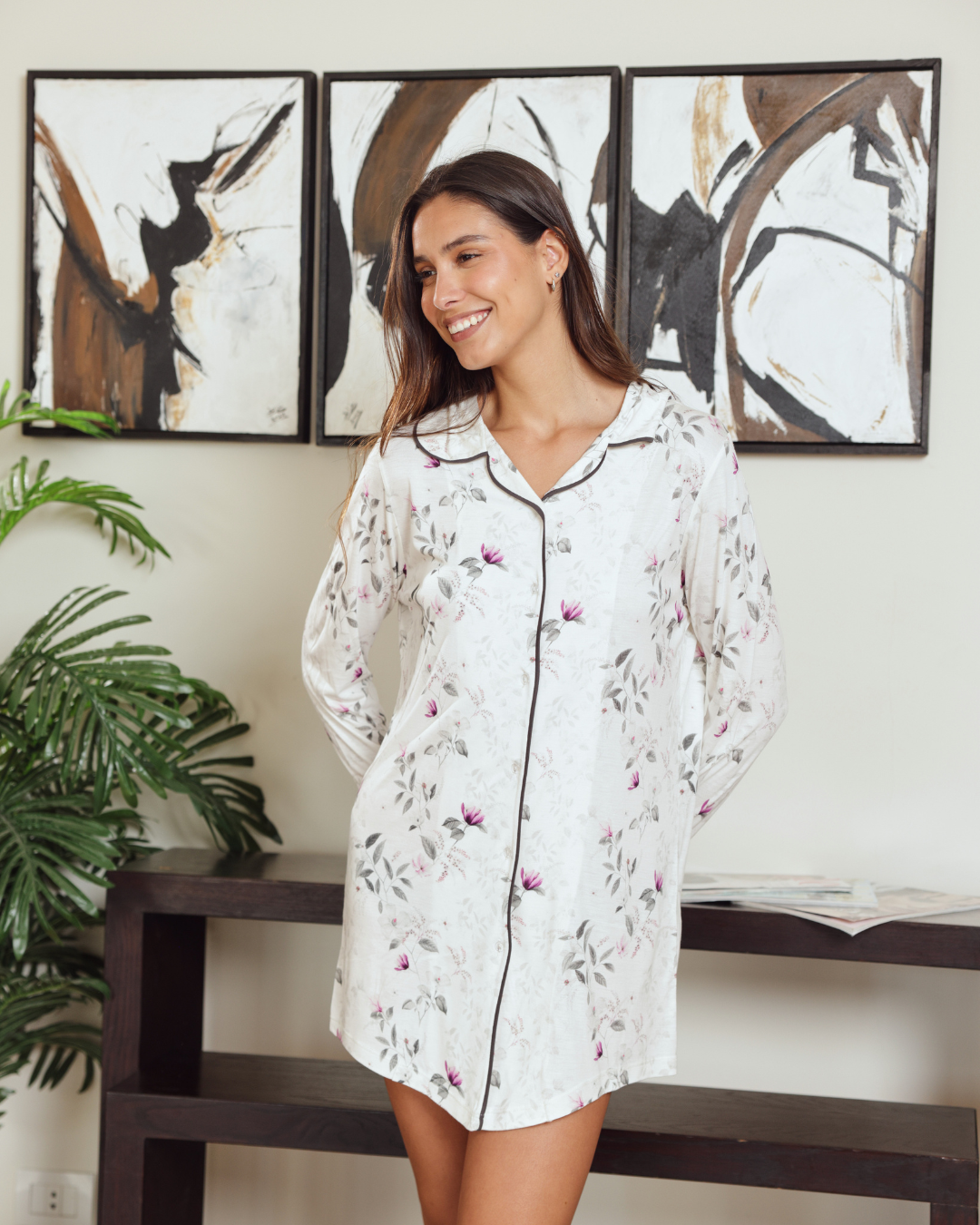 نايت شيرت حريمي كلاسيك بكم مطبوع فروع شجر