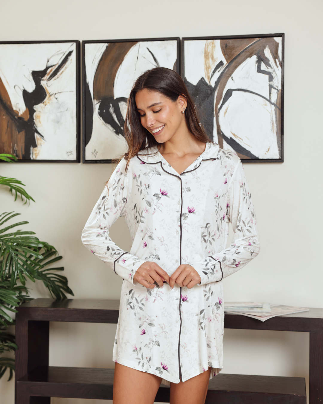 نايت شيرت حريمي كلاسيك بكم مطبوع فروع شجر