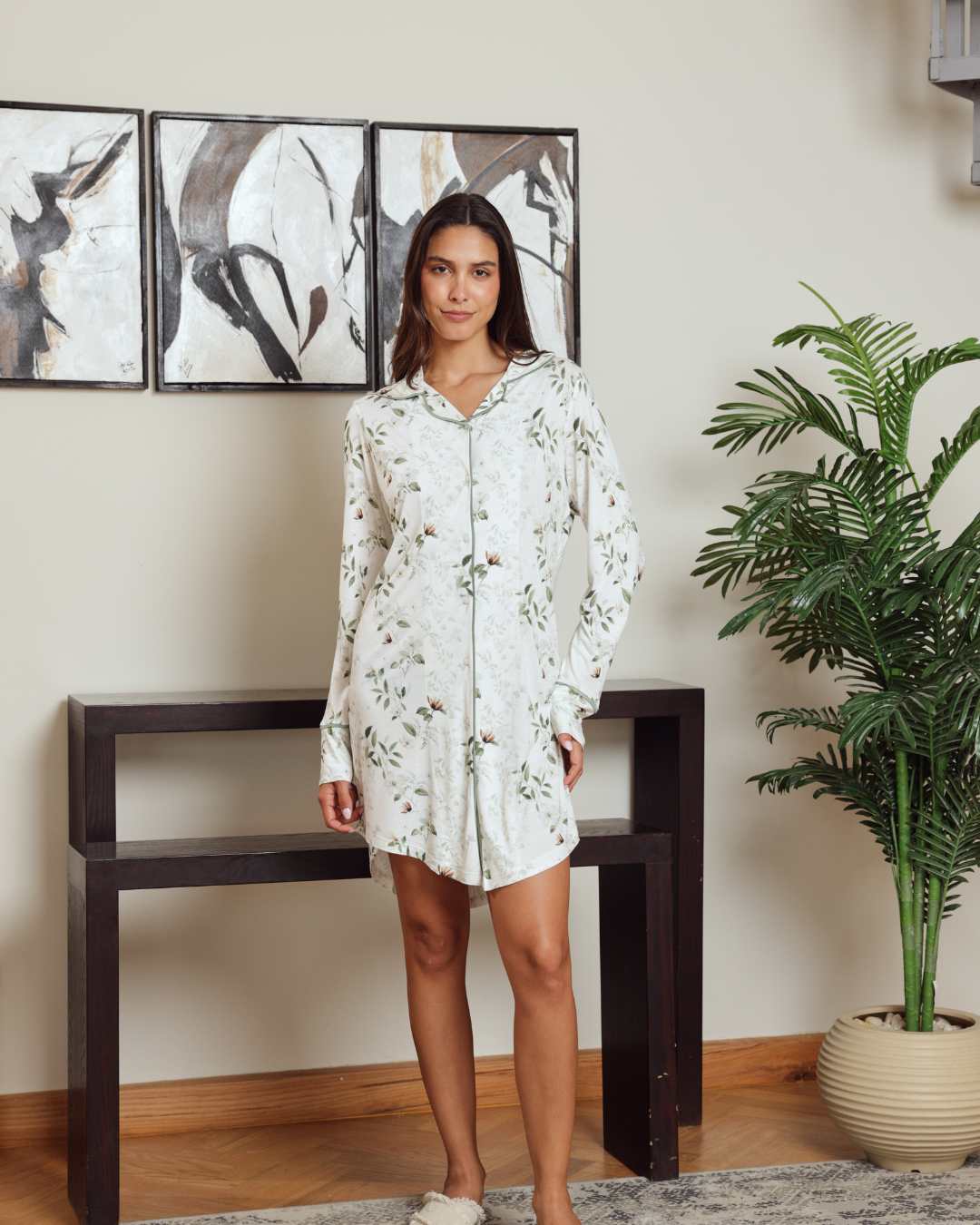 نايت شيرت حريمي كلاسيك بكم مطبوع فروع شجر