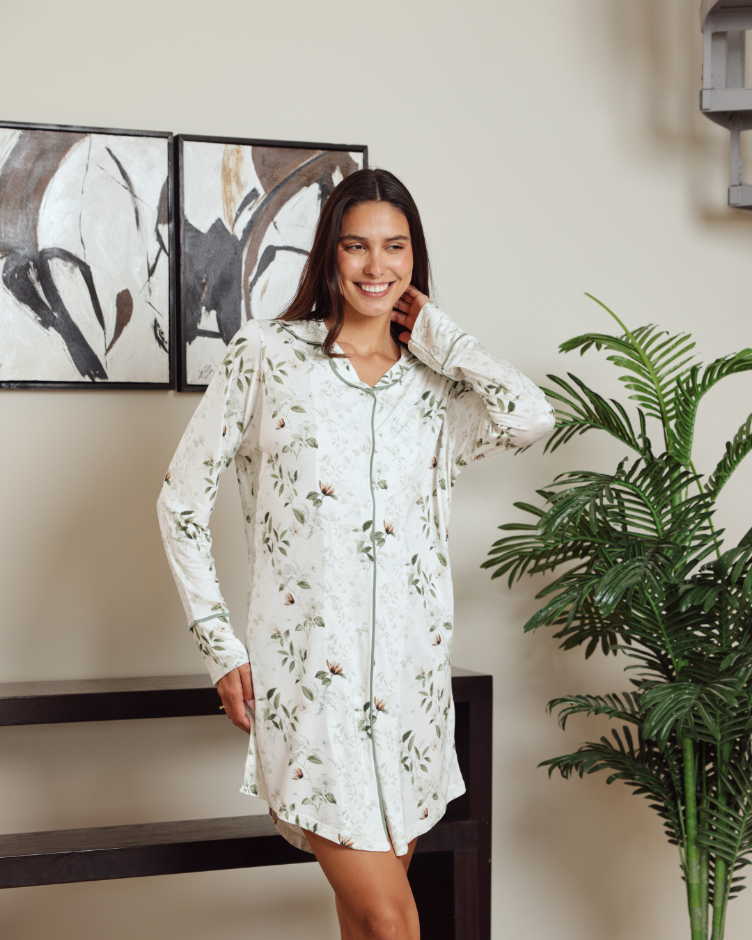 نايت شيرت حريمي كلاسيك بكم مطبوع فروع شجر