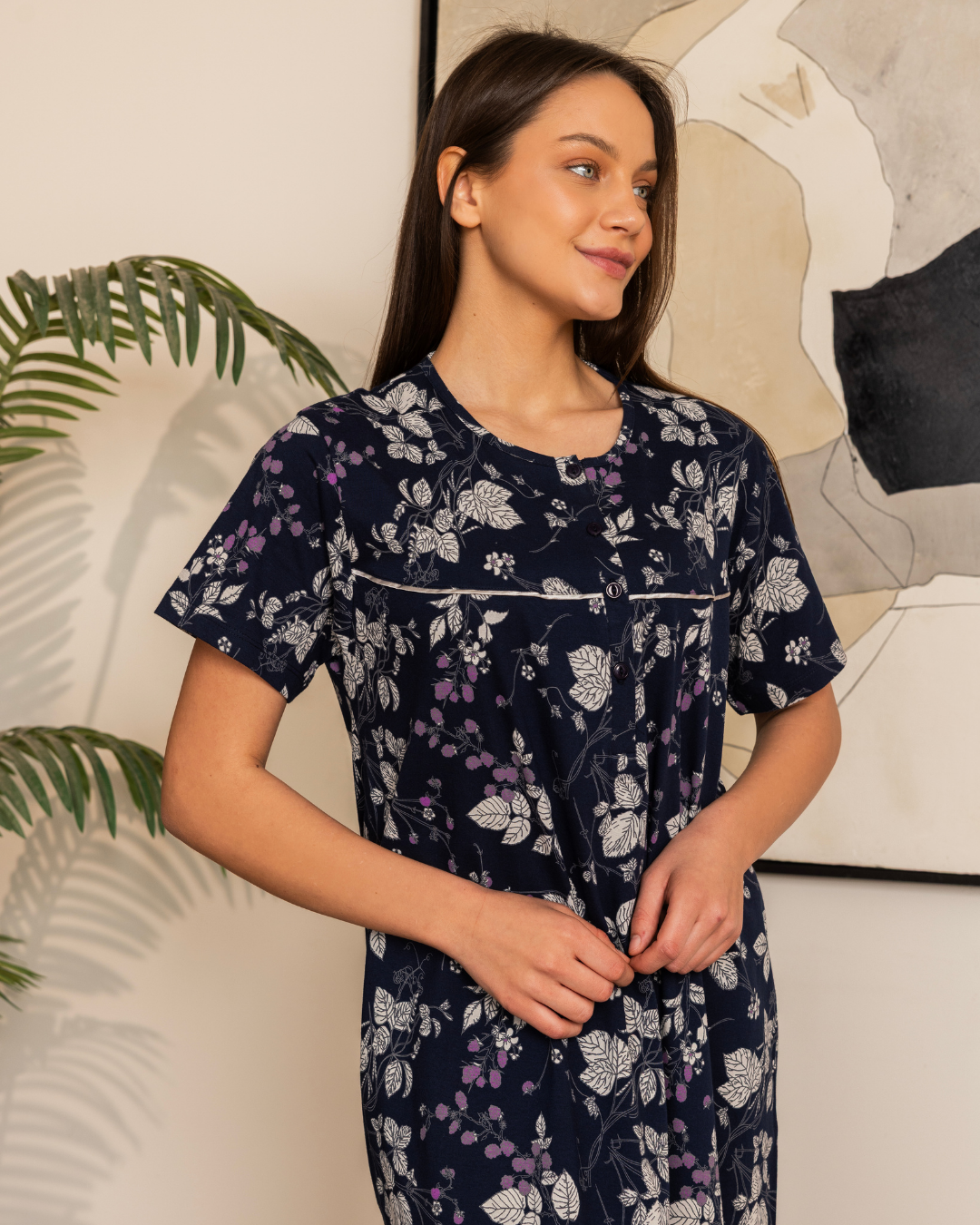 Women's half-sleeve patterned night shirt