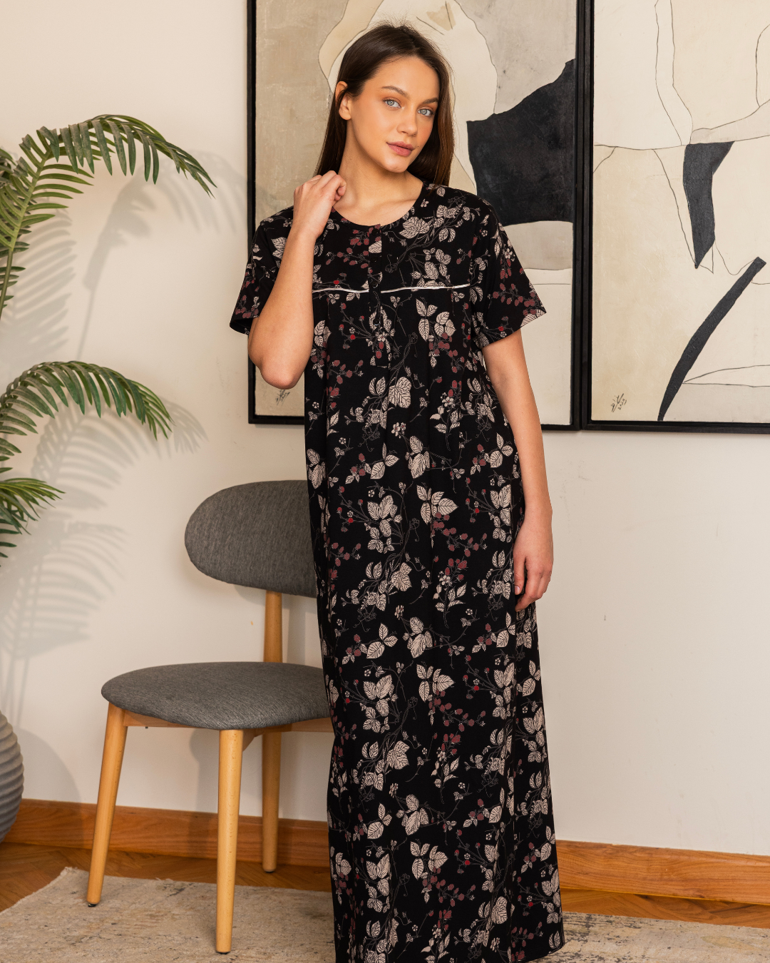 Women's half-sleeve patterned night shirt