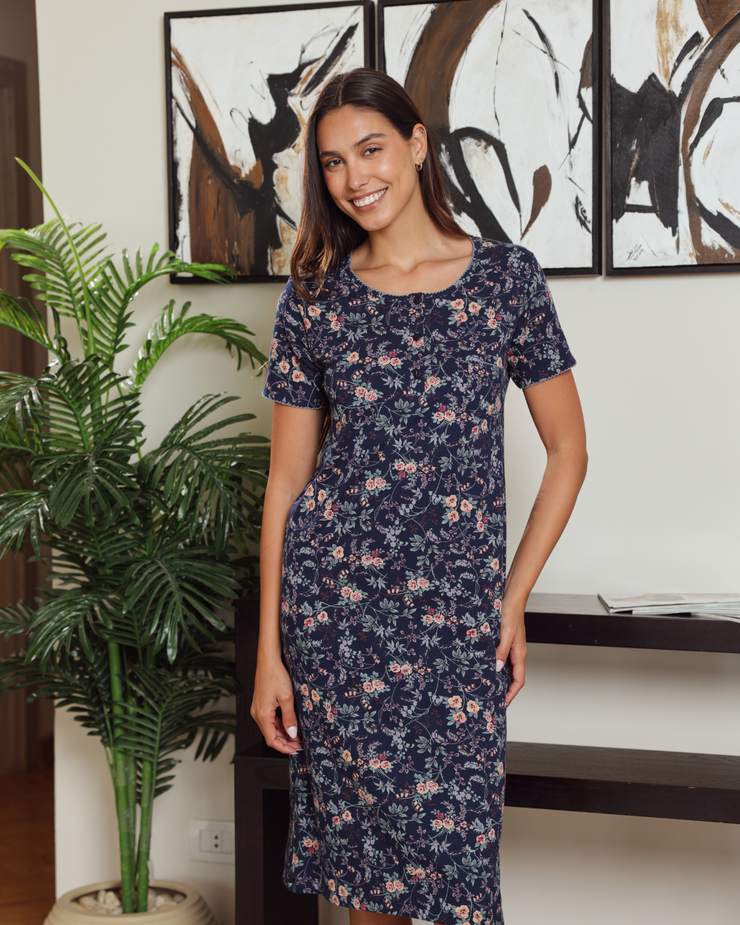 نايت شيرت حريمي نص كم قصير مطبوع فروع شجر