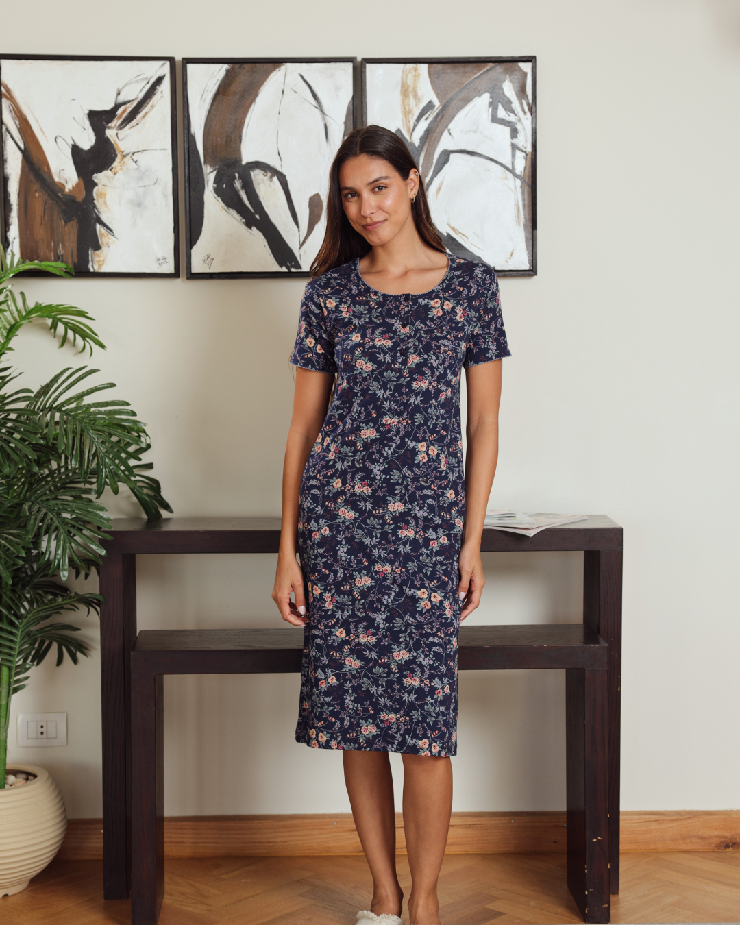 نايت شيرت حريمي نص كم قصير مطبوع فروع شجر