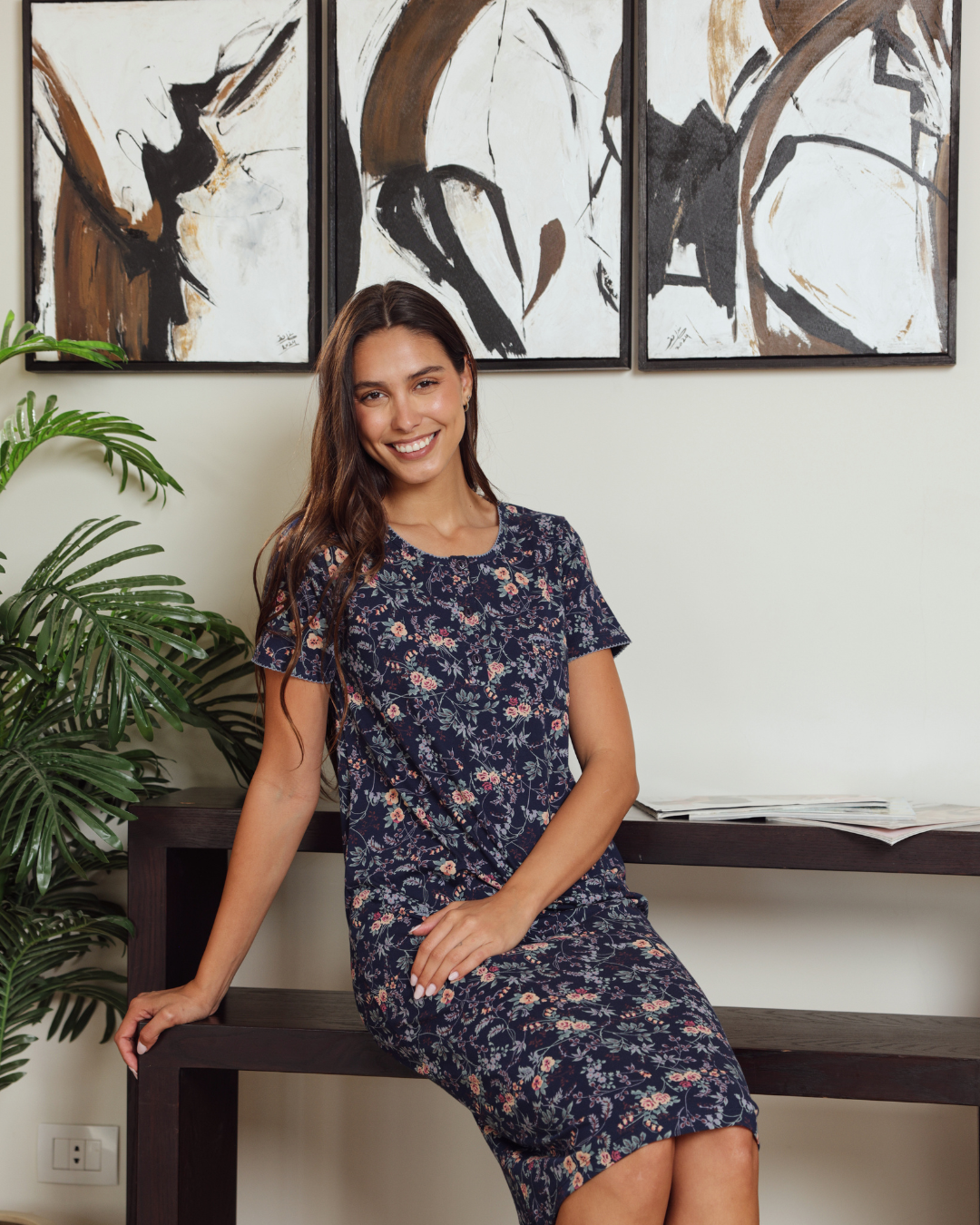 نايت شيرت حريمي نص كم قصير مطبوع فروع شجر