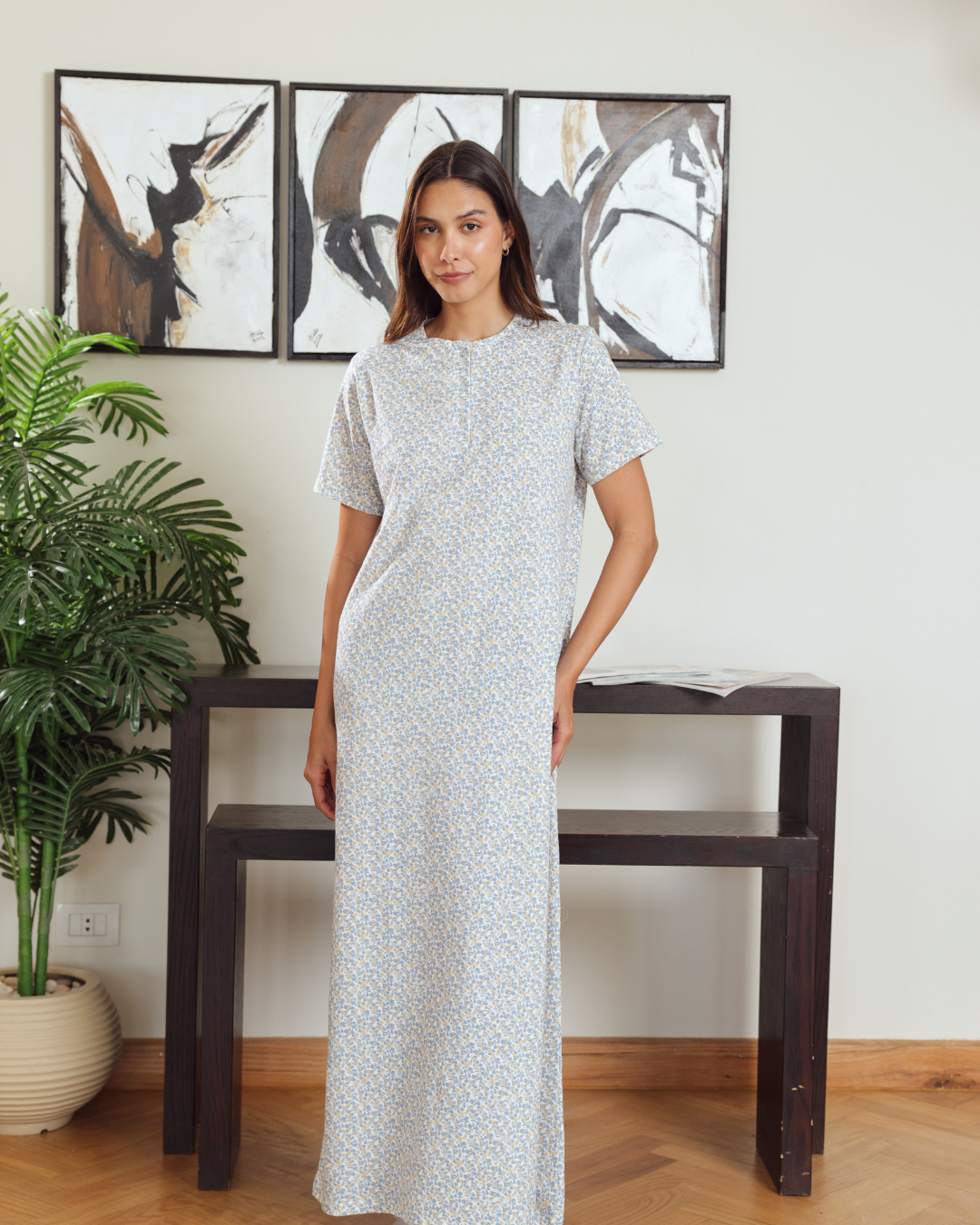 Women's Round Neck Half Sleeve Printed Night Shirt